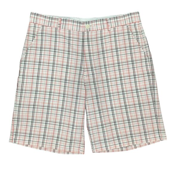 Greg Norman Golf Short Mens 34 White Plaid Flat Front Cotton Blend Travel Chino - Picture 1 of 10